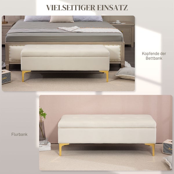 HOMCOM Sitzbank mit Stauraum, für Wohnzimmer, Schlafzimmer, Flur, 120 x 44 x 44,5 cm, Samt, Metall, Beige