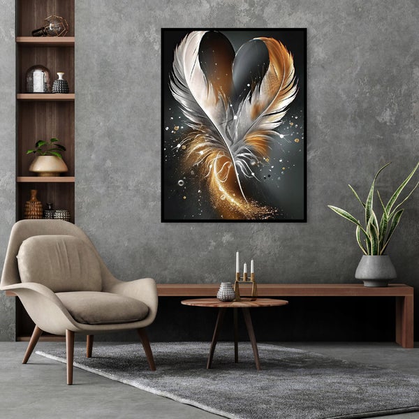 Wandbild mit abstraktem Federmotiv in einem modern eingerichteten Wohnzimmer mit Sessel und Beistelltisch vor einer Wand aus Betonoptik.