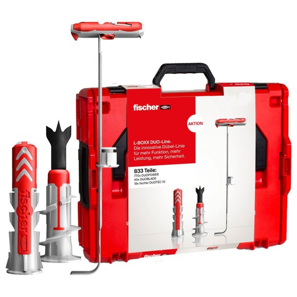 Fischer L-BOXX DUO-Line Dübel-Set mit 833 Teilen, bestehend aus Duopower, Duoblade und Duotec Dübeln in einem roten Werkzeugkoffer.