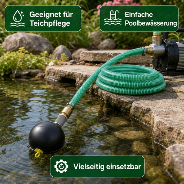 Gartenpumpe mit Saugschlauch und Schwimmkugel zur Teichpflege und Poolbewässerung im Einsatz am Teichrand.