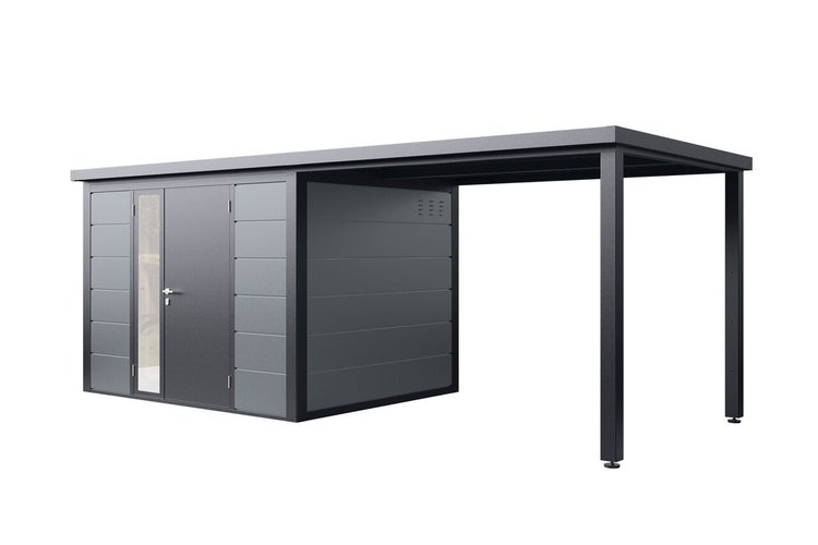Metall Gerätehaus mit integriertem Carport und Seitentür mit Glaselement.