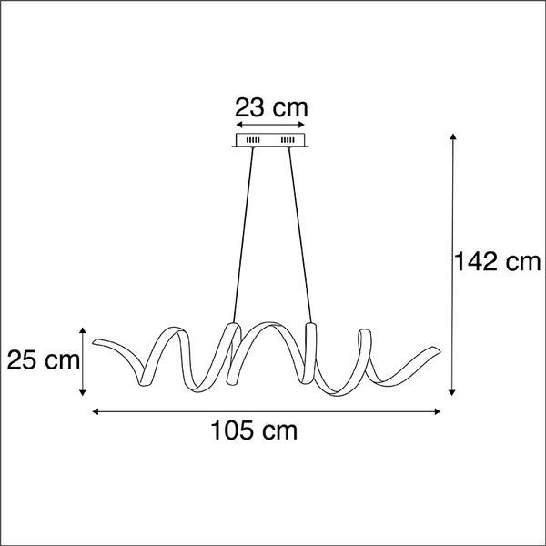 Abmessungen einer Pendelleuchte: 23 cm breit, 25 cm hoch, 105 cm lang, 142 cm Gesamthöhe.