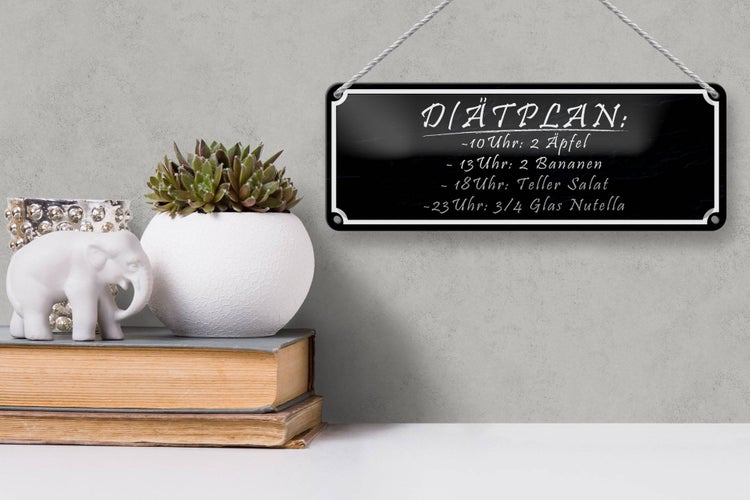 Blechschild Spruch 27x10cm Diätplan 2 Äpfel 2 Bananen Salat Dekoration