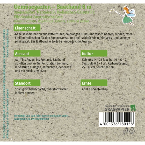 Gemüsegarten Saatband 5 m Speisemöhre Radieschen Pflücksalat Samen von Grüne Fee
