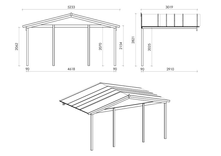 Technische Zeichnung eines Gartenhauses mit Maßen