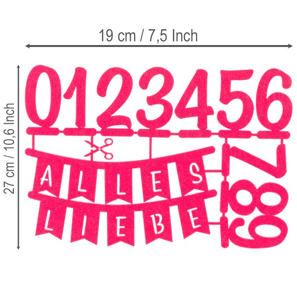 Pinke Filzzahlen Null bis Neun und Girlande mit dem Schriftzug Alles Liebe, 19 mal 27 Zentimeter.