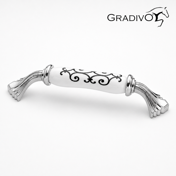Möbelgriff aus Metall und Keramik mit Ornamentmuster, Gradivo Logo.