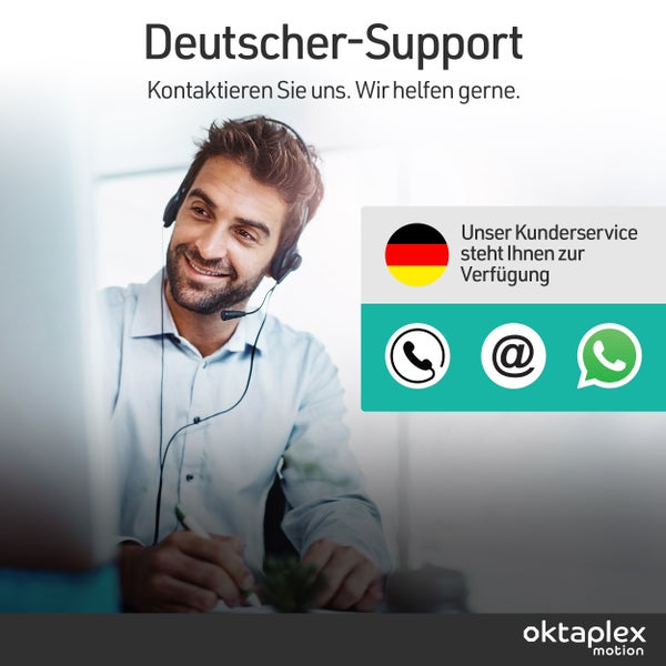 Kundenservice Mitarbeiter mit Headset und Kontaktoptionen wie Telefon, E-Mail und WhatsApp.