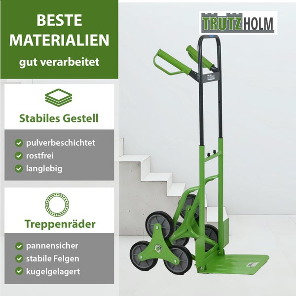 Trutzholm Treppenkarre mit pulverbeschichtetem Rahmen und kugelgelagerten pannensicheren Treppenrädern für den Transport von Lasten auf Treppen.