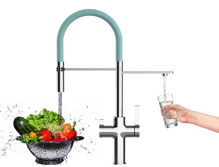 4 Wege Wasserhahn Küchenarmatur, FC, mit 360° schwenkbarem Auslauf, abnehmbare 2 strahl Handbrause, Verchromt / Türkis