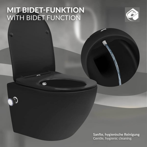 LuxeBath Wand WC Spülrandlos mit Bidet-Funktion Schwarz matt kurz 49cm, Tiefspüler Tornadospülung Keramik Hänge WC Dusch WC mit Nano Beschichtung, Kloschüssel Hängend WC-Sitz Absenkautomatik abnehmbar