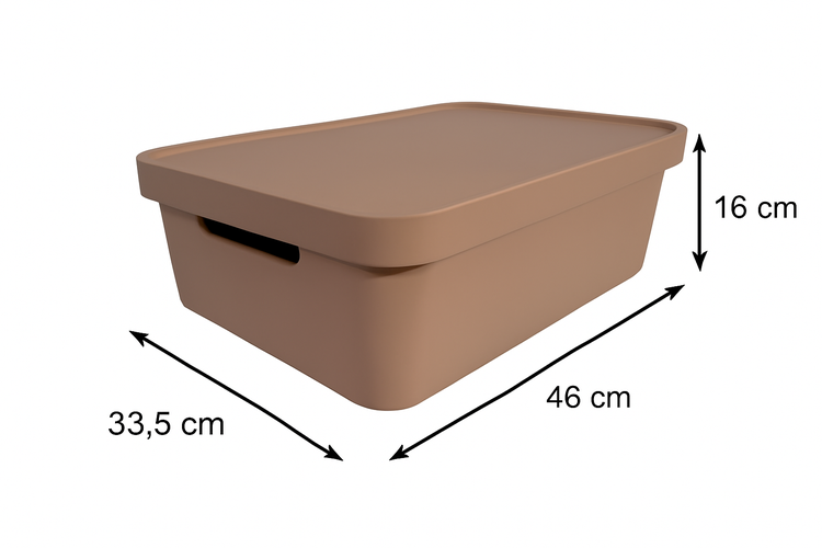 Aufbewahrungsbox aus Kunststoff mit Deckel und den Maßen 46 cm x 33,5 cm x 16 cm