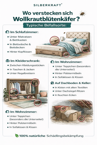 Infografik zu typischen Befallsorten von Wollkrautblütenkäfern in Schlafzimmer, Kleiderschrank, Wohnzimmer, Dachboden und Keller.