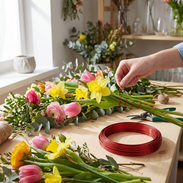 Eine Hand bindet einen Blumenstrauß aus Tulpen und Narzissen mit Basteldraht auf einem Holztisch.