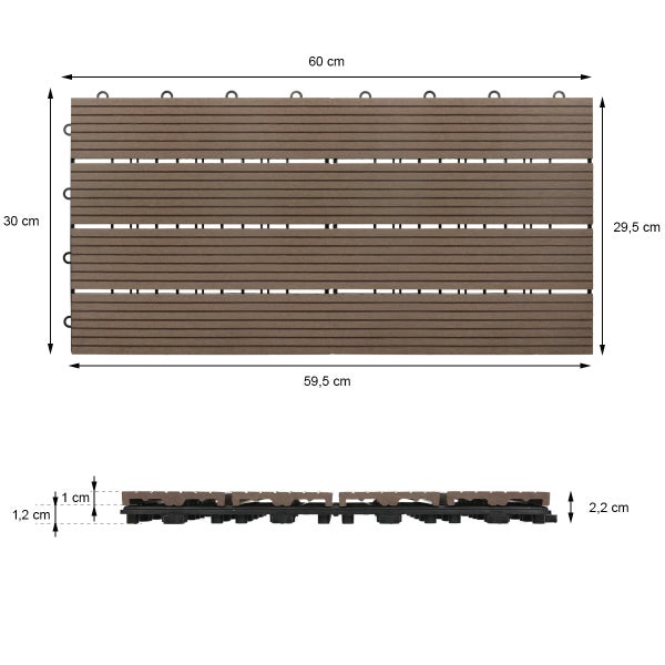 Terrassenfliese aus Verbundwerkstoff mit Lamellen: 60 mal 30 Zentimeter, Fläche 59,5 mal 29,5 Zentimeter, Gesamthöhe 2,2 Zentimeter.