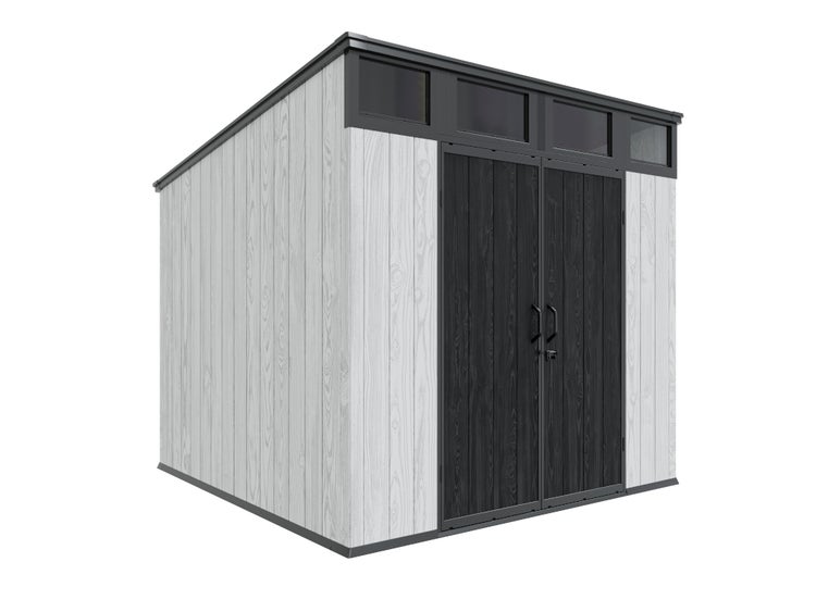 Modernes Gerätehaus mit Pultdach, Doppeltür und Oberlichtern in grauer Holzoptik.