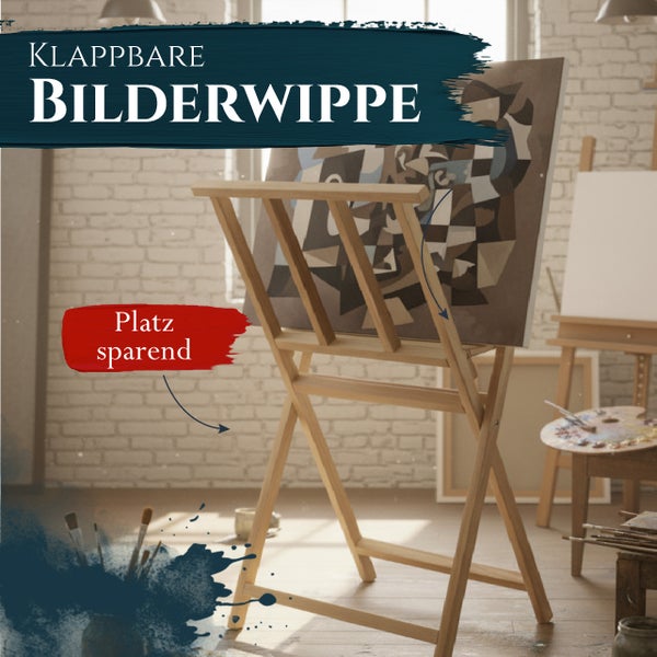 Klappbare hölzerne Bilderwippe für Künstler, platzsparendes Design in einem hellen Atelier mit Staffelei und Malutensilien.