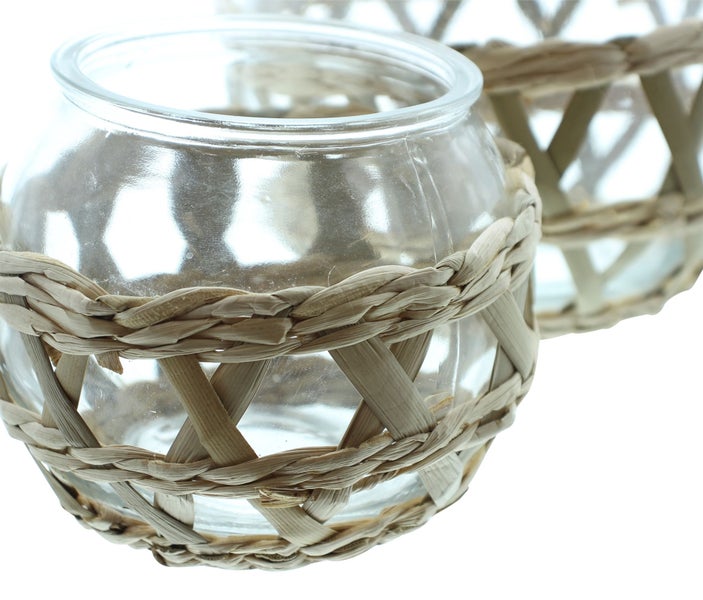 FRANK FLECHTWAREN | Windlicht Geflecht, 2er Set, GLAS, SEEGRAS, 12,5 x 12,5 x 10 cm, 15,5 x 15,5 x 12,5 cm