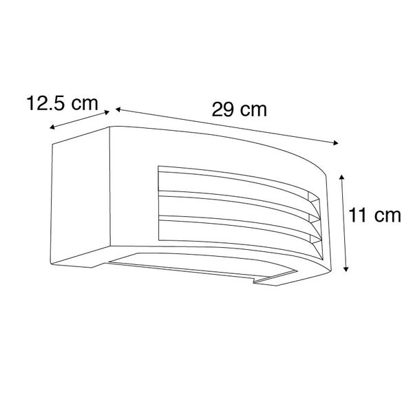 Wandleuchte mit Maßen: Breite 29 Zentimeter, Höhe 11 Zentimeter, Tiefe 12,5 Zentimeter.