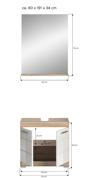 Badmöbel-Set aus Spiegel mit Ablage und Waschbeckenunterschrank in Holzoptik mit weißen Türen, Maße circa 60 mal 191 mal 34 Zentimeter.