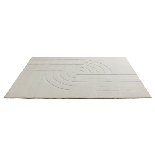 Rechteckiger Teppich mit modernem Reliefmuster in Wellenform als Wohnzimmerteppich oder Schlafzimmerteppich.