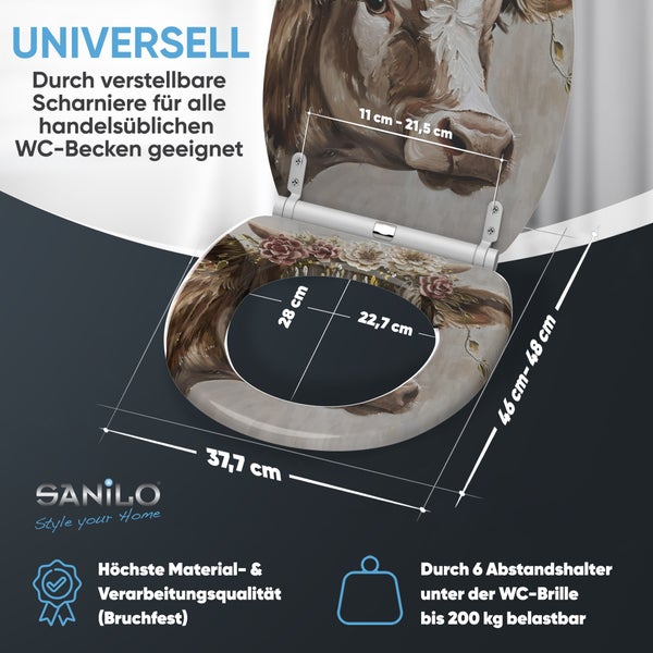 Sanilo WC Sitz mit Kuh Motiv und Größenangaben