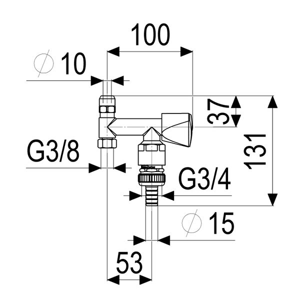 Technische Zeichnung eines Kombi-Eckventils mit Maßangaben in Millimetern sowie den Gewindegrößen G drei Achtel und G drei Viertel.