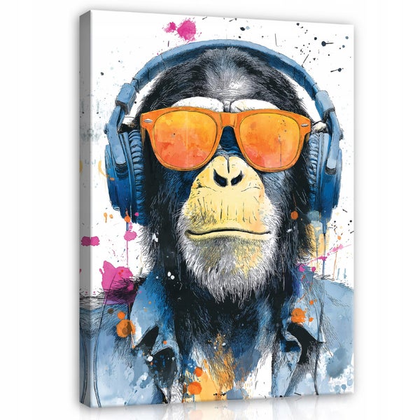 Leinwandbild mit einer illustration eines Schimpansen der Kopfhörer und eine Sonnenbrille trägt im modernen Aquarellstil