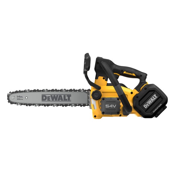 DeWalt Akku Kettensäge mit 54 Volt Antrieb, bürstenlosem Motor und 35 Zentimeter Schwertlänge.