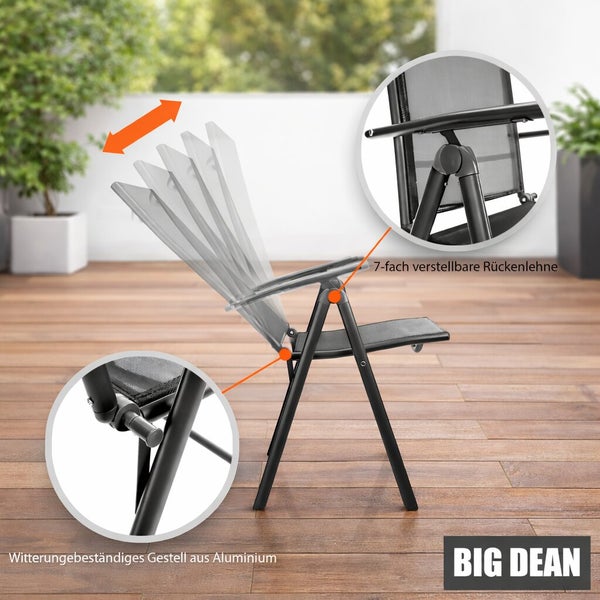 Verstellbarer Gartenstuhl von Big Dean mit siebenfach verstellbarer Rückenlehne und witterungsbeständigem Aluminiumgestell.