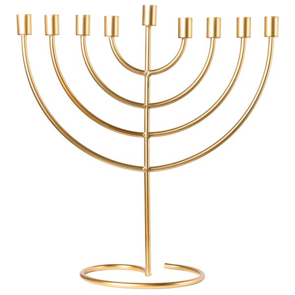Goldfarbene Hanukkia aus Metall mit neun Kerzenhaltern und modernem Design.