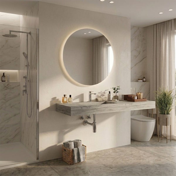 Modernes Badezimmer mit großem runden LED-Spiegel, Waschtisch in Holzoptik und bodengleicher Dusche mit Marmorfliesen.