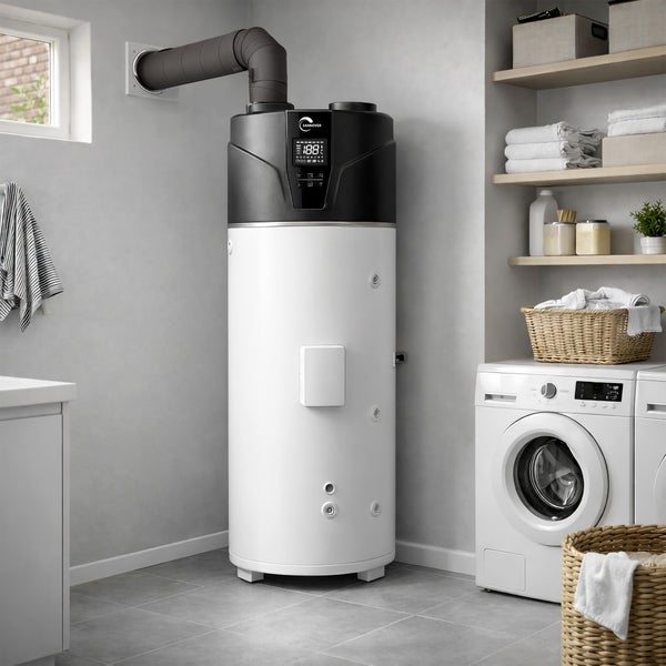 Sannover Brauchwasserwärmepumpe in einem hellen Hauswirtschaftsraum mit Waschmaschine und Regalsystem. Vertikaler Speicher mit Digitalanzeige.