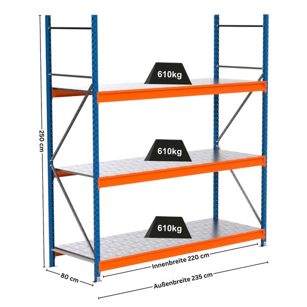 Lagerregal mit drei Ebenen und Gewichtsangabe