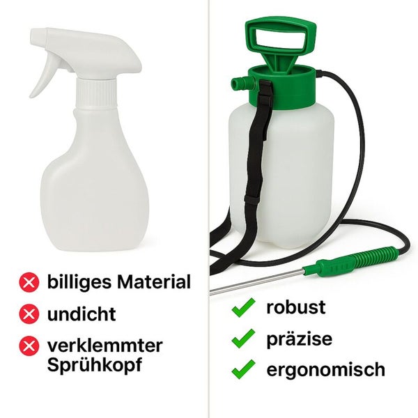 Vergleich einer einfachen Sprühflasche mit einem hochwertigen Drucksprühgerät mit Fokus auf Robustheit, Präzision und Ergonomie.