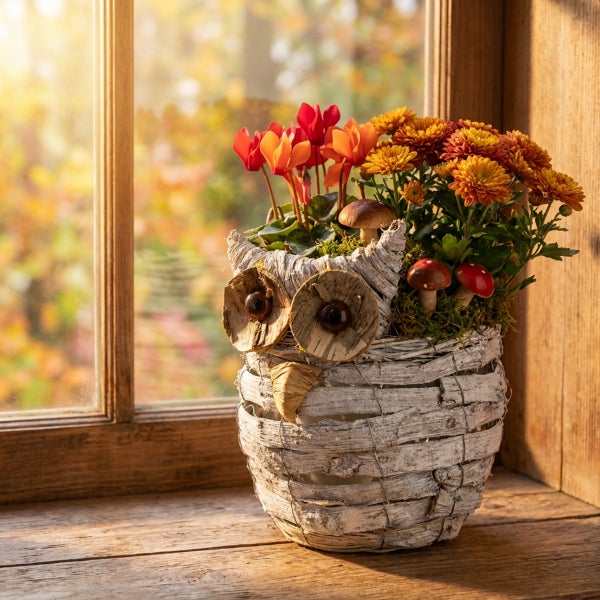 Dekorativer Pflanztopf in Eulenform aus Birkenrinde mit herbstlicher Bepflanzung bestehend aus Alpenveilchen und Chrysanthemen auf Fensterbank.