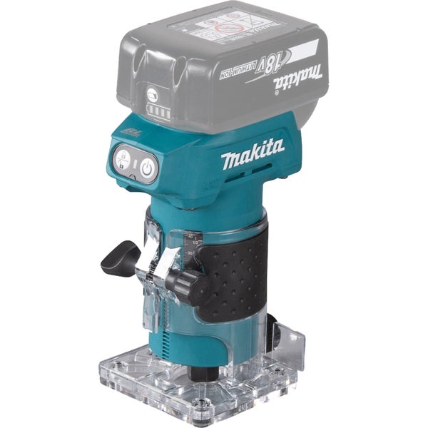 Makita Akku-Einhandfräse mit transparentem Standfuß, schwarzer Grifffläche und 18 Volt Akku.