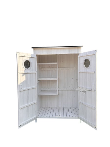 Moderner Gartenschrank TONI mit zwei großen Bullaugen, weiß, 118 x 70 x 190 cm