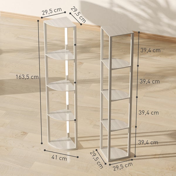 Eckregal in heller Holzoptik mit Abmessungen: Höhe 163,5 Zentimeter, Tiefe 29,5 Zentimeter, Breite 41 Zentimeter und Fachhöhe 39,4 Zentimeter.