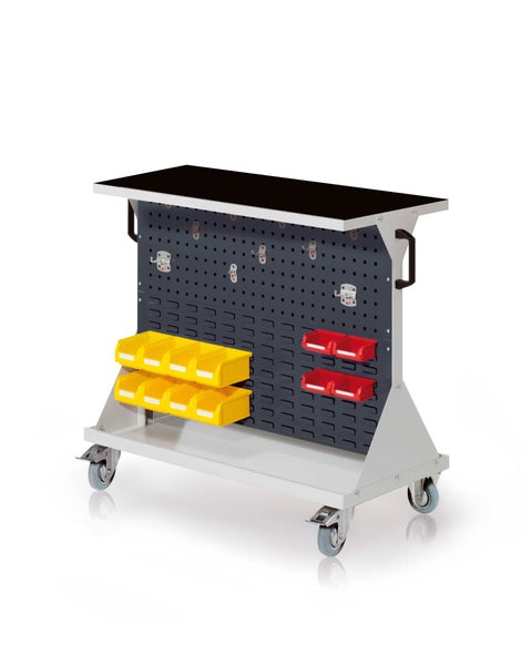 Werkbankwagen mit Lochwand, Ablagefläche und Aufbewahrungsboxen