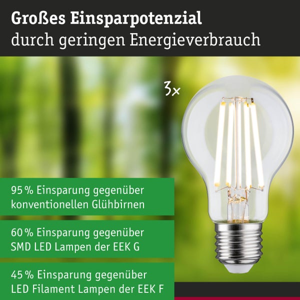 LED Filament Lampen im 3er Pack mit Informationen zur Energieersparnis von bis zu 95 Prozent gegenüber herkömmlichen Glühbirnen.