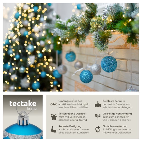 Dekorierter Weihnachtsbaum mit silbernen und blauen Weihnachtskugeln von tectake