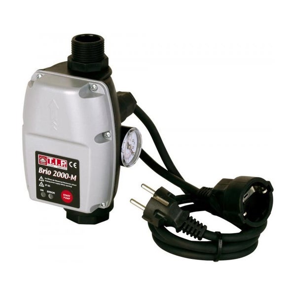 Elektronischer Druckschalter T.I.P. Brio 2000-M für Pumpen mit integriertem Manometer, Netzkabel und Steckdose.