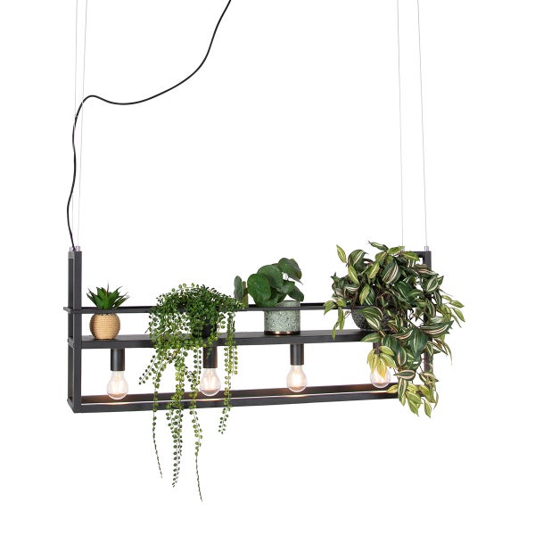 Hängeleuchte mit Pflanzenregal und Glühbirnen