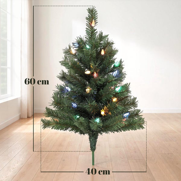 Vorher und Nachher Vergleich des Aufstellens eines künstlichen Weihnachtsbaums mit Beleuchtung in einem Blumentopf mit empfohlener Aufbauzeit.