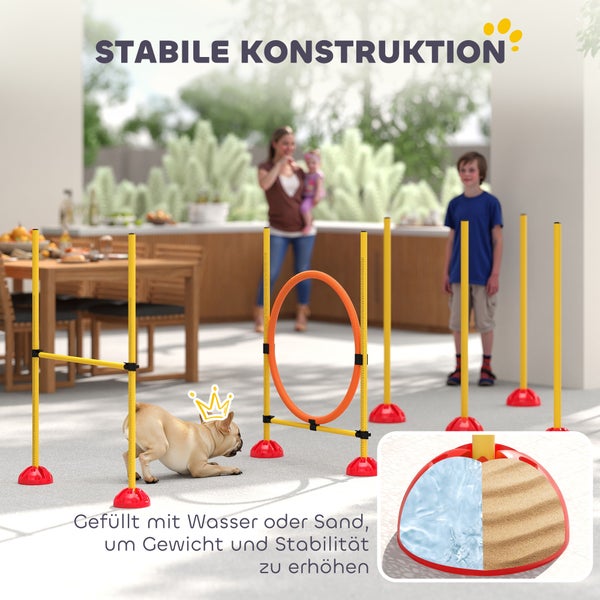 PawHut Agility Set Hunde 3-teiliges befüllbar Agility-Ausrüstung für Hundetraining Steckhürdenset mit Slalomstangen höhenverstellbar Hürden Sprungring Koordinationstraining für Spiele Training
