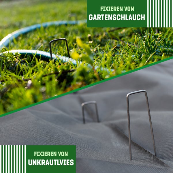 GardenGloss® Erdanker aus Stahl unverzinkt (250 Stück) - Stabile Heringe / Bodenanker für Unkrautvlies, Gartenvlies, Zaun & Netz - Metallheringe 150 MM Lang, 25 MM Breit, Ø 2.7 MM
