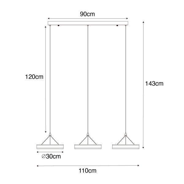 Technische Zeichnung einer Pendelleuchte mit drei Leuchten, Abmessungen Länge 110 cm, Breite 90 cm, Höhe 143 cm, Lampenschirmdurchmesser 30 cm, Kabellänge 120 cm