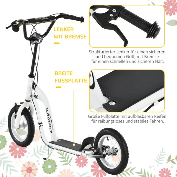HOMCOM Kinderroller, 120L x 58B x 85-95H cm, Stahl, Aluminium, Gummi, Weiß