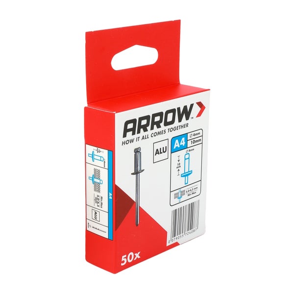 Packung mit 50 Arrow Blindnieten aus Aluminium, 4 Millimeter Durchmesser und 10 Millimeter Länge.